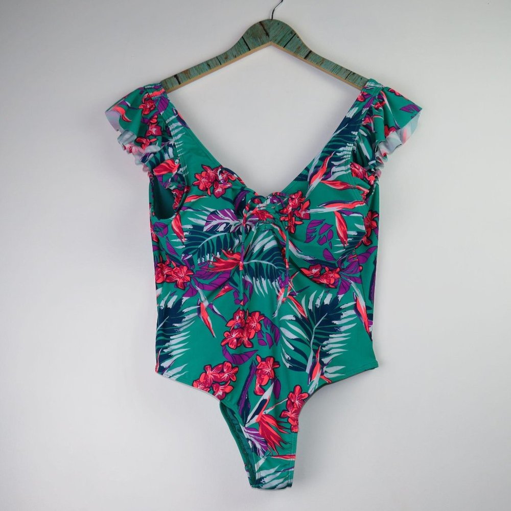 Beach Joy Bikini Floral Low V Neck Back Swimsuit L